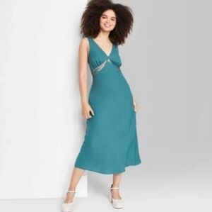 Wild Fable Women's Lace Detail V-Neck Midi Slip Dress , Dark Teal Blue